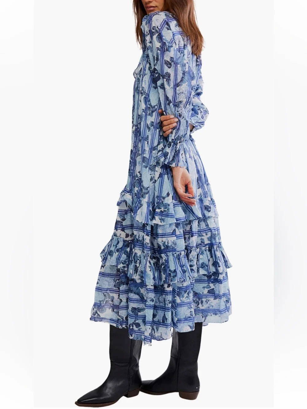 Free People Garden Wonders Long Sleeve Cotton Maxi Dress - Blue Combo